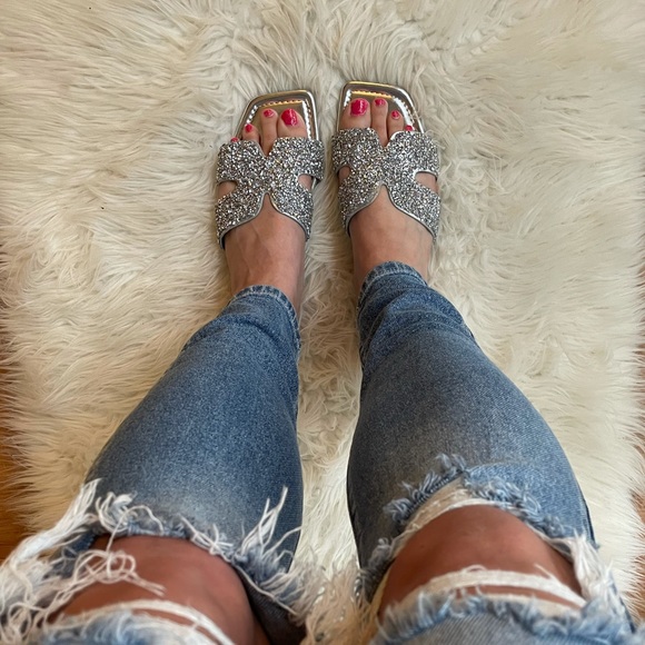 Trendy Square Toe Silver Sparkle Sandals - Picture 10 of 16